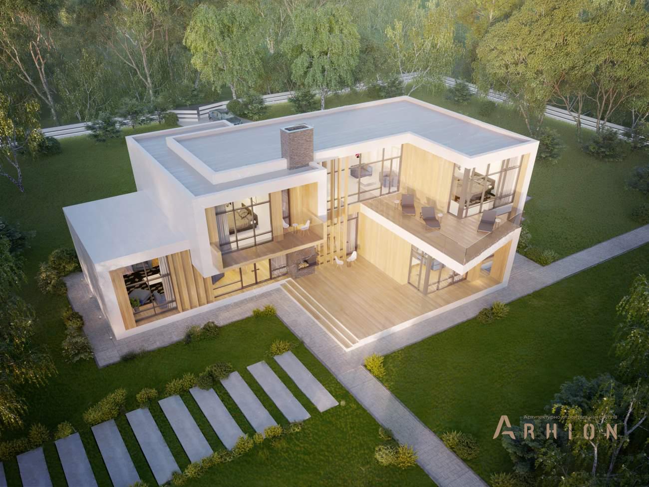 3. Проект двухэтажного дома в стиле хай-тек с плоской кровлей , rh-456, площадью - 456 кв c сауной, терассой, балконом, гаражом, вторым светом